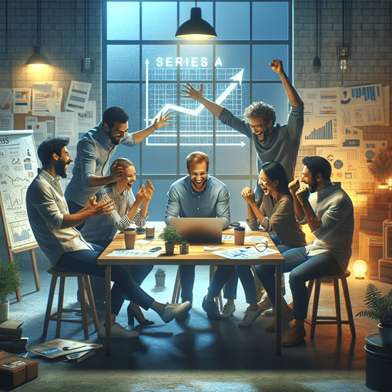 DALL·E 2023-12-18 16.43.52 - A square format image depicting a small, innovative startup of five people celebrating the receipt of Series A investment and their subsequent busines